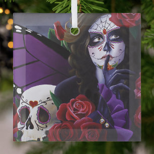 Purple Red Roses Sugar Skull Fairy Day Dead Glass Ornament