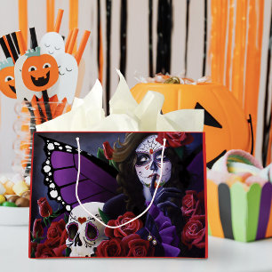 Purple Red Roses Sugar Skull Fairy Day Dead Large Gift Bag