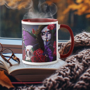 Purple Red Roses Sugar Skull Fairy Day Dead Mug