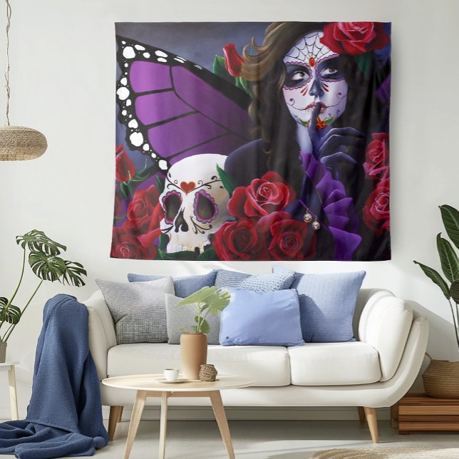 Purple Red Roses Sugar Skull Fairy Day Dead Tapestry (Creator Uploaded)