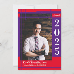 Purple Red School Colour Graduation Photo Plaid Invitation