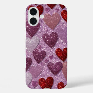 PURPLE RED SILVER GLITTER LOOK VALENTINE HEARTS iPhone 16 PLUS CASE