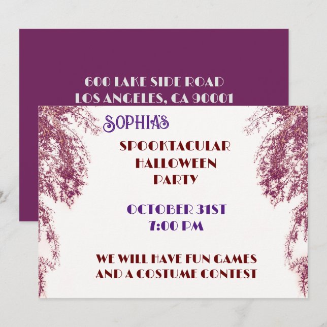 Purple Red Tree Elegant Gothic Halloween Invitation (Front/Back)