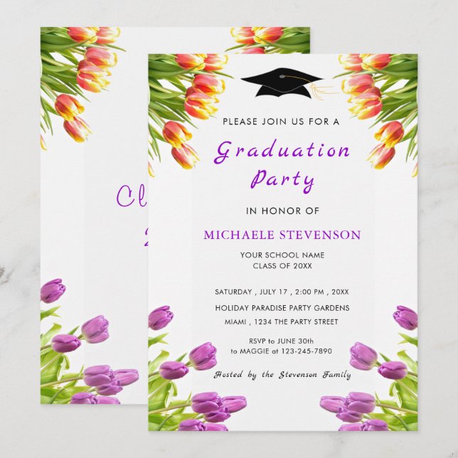 Purple Red Tulips Graduation Invitation Template (Front/Back)