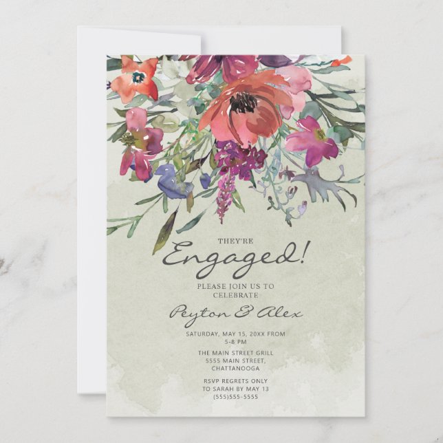 Purple Red Watercolor Floral Sage Engagement Party Invitation (Front)