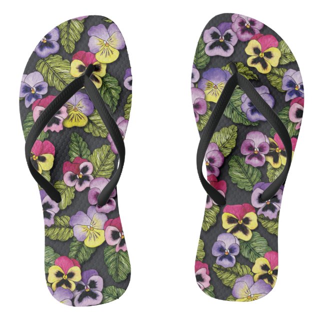 Purple, Red & Yellow Pansies Floral Flip Flops (Footbed)