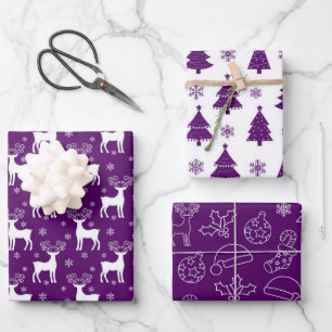 Purple Reindeer, Christmas Tree & Holiday Pattern Wrapping Paper Sheet
