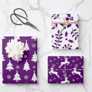 Purple Reindeer, Christmas Trees & Holly Patterns Wrapping Paper Sheet