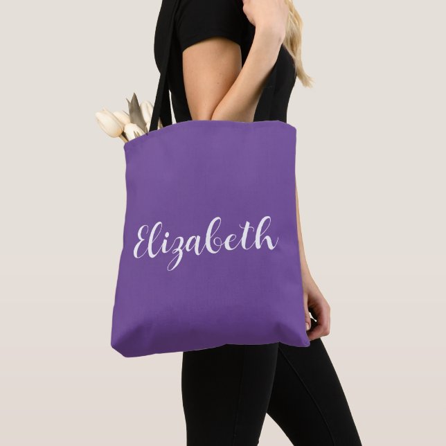 Purple Replace Your Name Script Typography Tote Bag (Close Up)