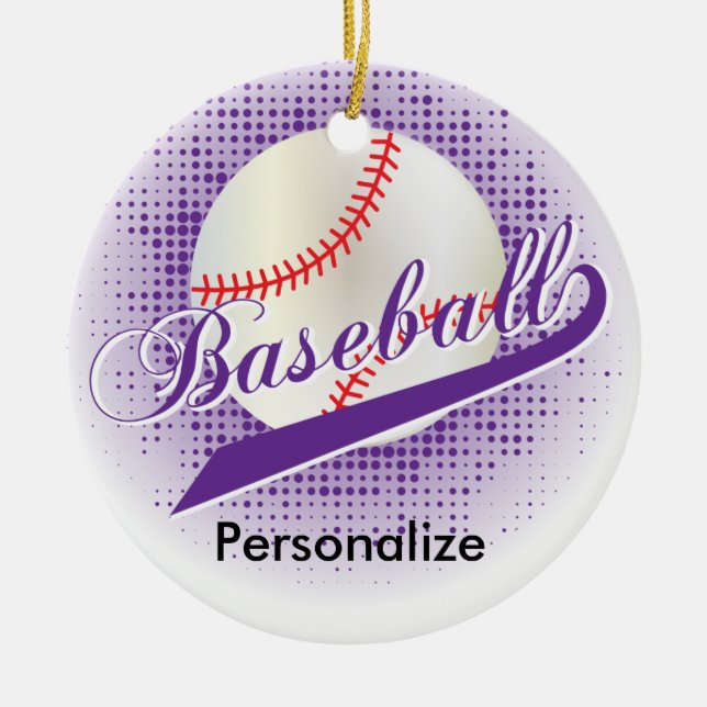 Purple Retro Baseball Style Ceramic Ornament (Front)
