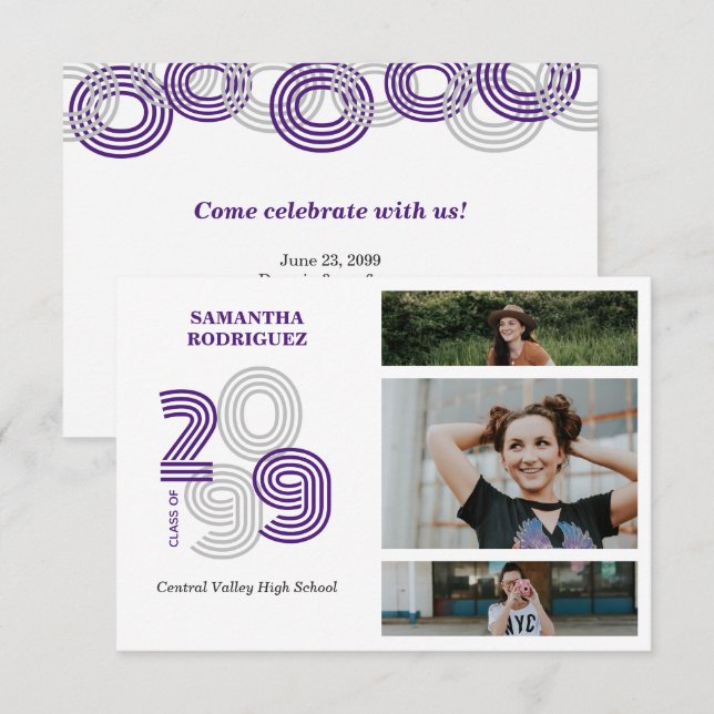 Purple Retro Big Numbers 3-Photo Graduation Invitation (Front/Back)