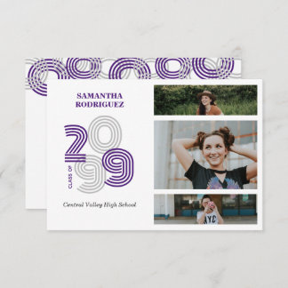 Purple Retro Big Numbers 3-Photo Graduation Invitation