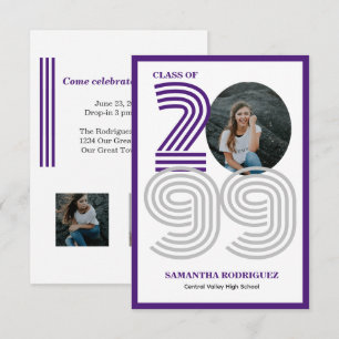 Purple Retro Big Numbers Graduation Photo Invitation
