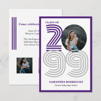 Purple Retro Big Numbers Graduation Photo Invitation