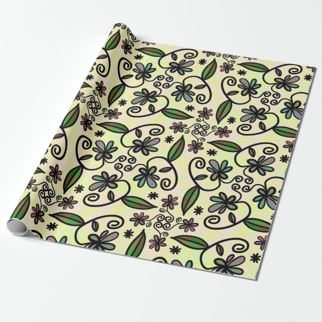 Purple Retro Boho Daisies Wrapping Paper (Unrolled)