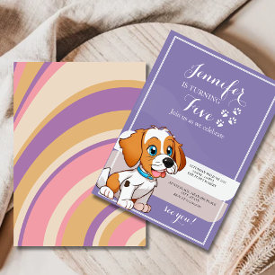 Purple Retro Cute Puppy Themed Kids Birthday Party Invitation
