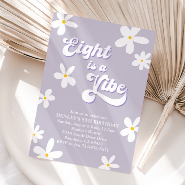 Purple Retro Daisy Eight Is A Vibe Birthday  Invitation (Creator Uploaded)