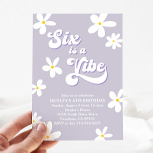 Purple Retro Daisy Six Is A Vibe Birthday Invitation