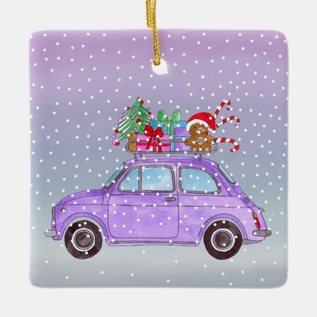 Purple Retro Fiat 500 with Christmas Gifts Ceramic Ornament (Front)