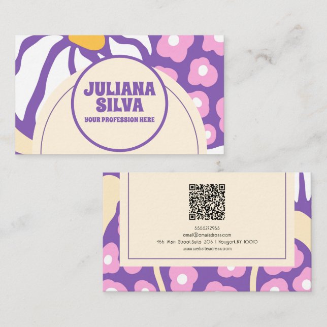 Purple Retro Floral with QR Business Card (Front/Back)