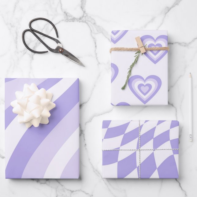 Purple Retro Geometric Stripes Hearts Squares 70s  Wrapping Paper Sheet (Front)