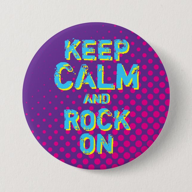 Purple Retro Halftone Keep Calm and Rock On Button (Front)