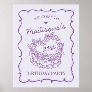 Purple Retro Heart Coquette Cake Birthday Welcome Poster