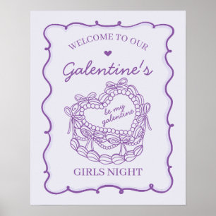 Purple Retro Heart Coquette Cake Galentine Welcome Poster
