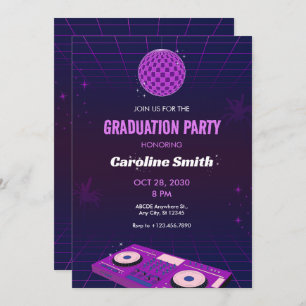 PURPLE RETRO NIGHT DJ DISCO BALL GRADUATION PARTY INVITATION