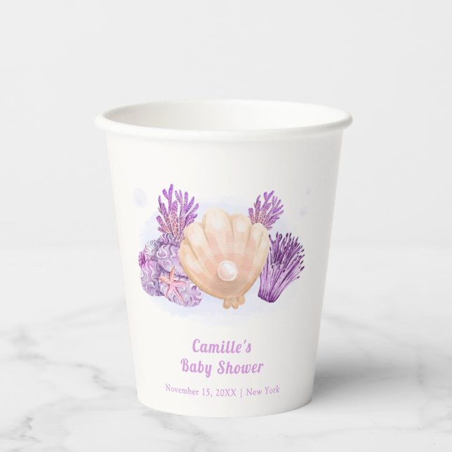 Purple Retro Pearl Seashell Baby Shower   Paper Cups (Front)