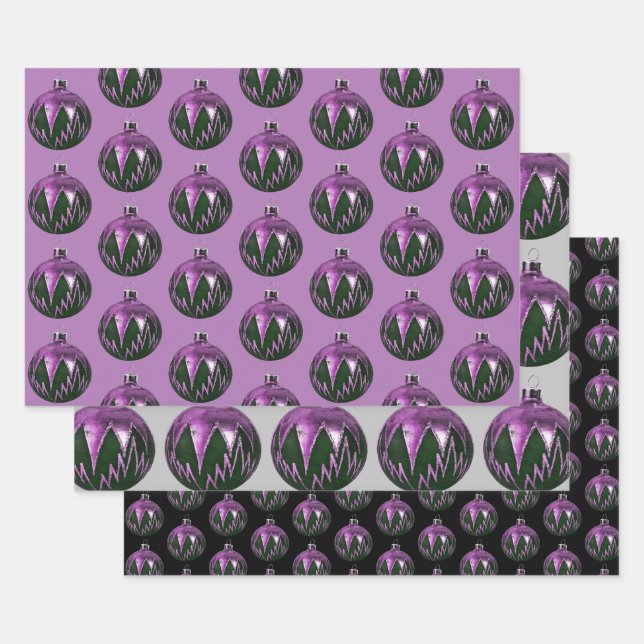 Purple Retro Style Christmas Art Wrapping Paper (Set)
