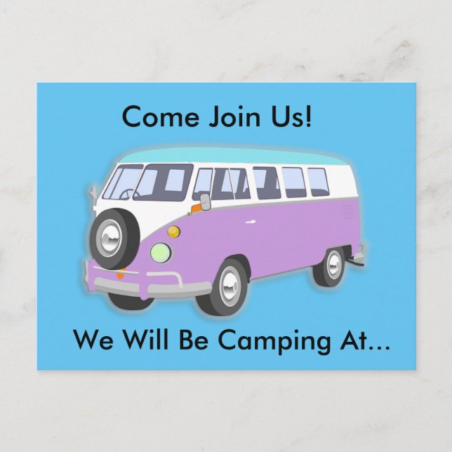 Purple Retro Van Camping Trip Invite Postcard (Front)