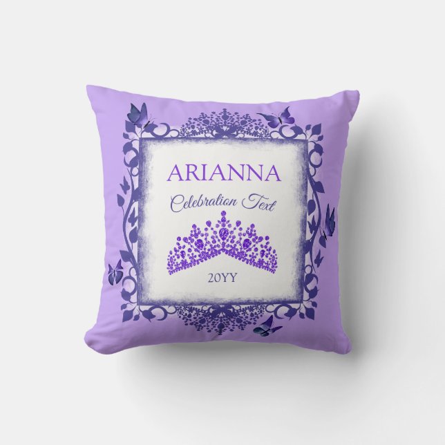 Purple Rhinestone Tiara, Butterflies, Personalized Throw Pillow (Front)