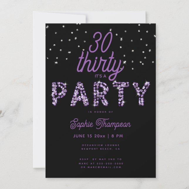 Purple Rhinestones Calligraphy Modern 30 Birthday Invitation (Front)
