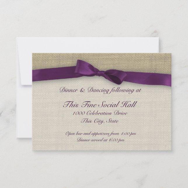 Purple Ribbon and Burlap Reception Invitation (Front)