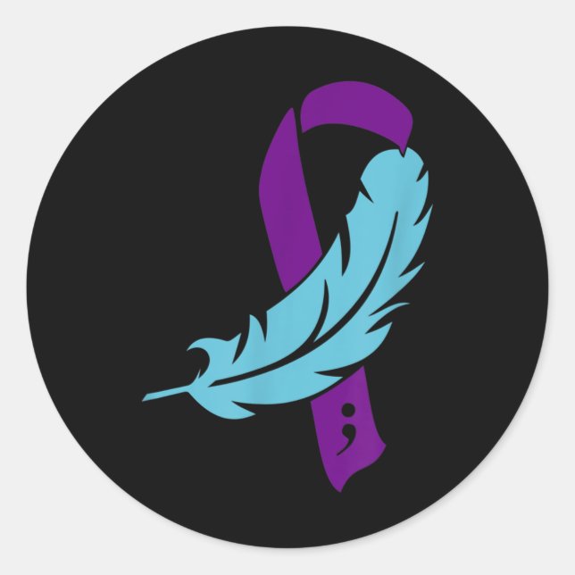 Purple Ribbon And Teal Feather Suicide Prevention  Classic Round Sticker (Front)