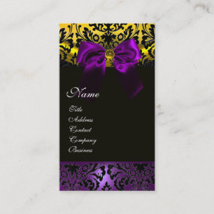 PURPLE RIBBON BLACK GOLD YELLOW  DAMASK MONOGRAM BUSINESS CARD