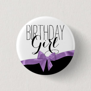 Purple Ribbon Bow Birthday Girl 1 Inch Round Button