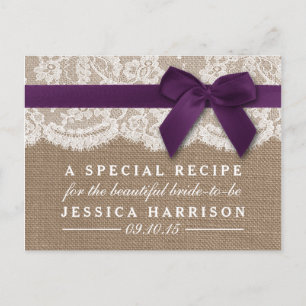 Purple Ribbon, Burlap & Lace Bridal Shower Recipe Invitation Postcard
