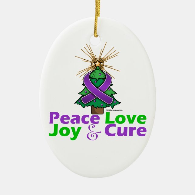 Purple Ribbon Christmas Peace Love, Joy & Cure Ceramic Ornament (Front)
