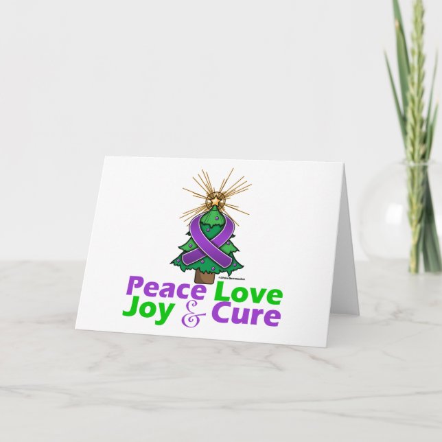 Purple Ribbon Christmas Peace Love Joy Cure Holiday Card (Front)