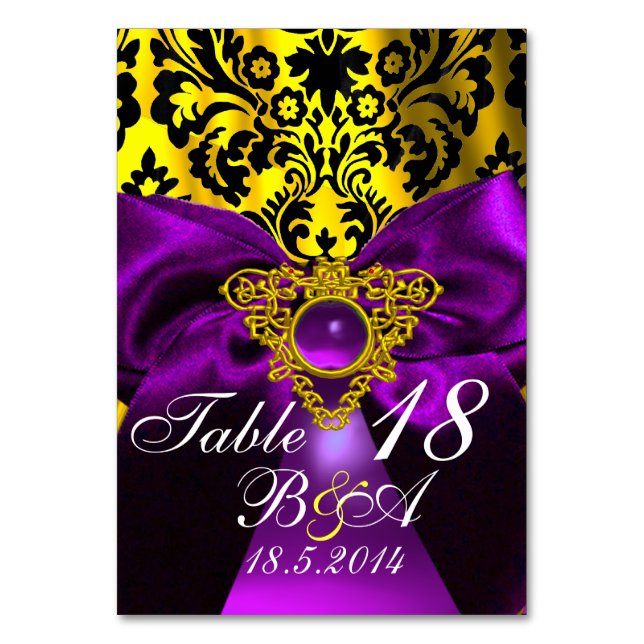 PURPLE RIBBON GOLD CELTIC HEART  DAMASK MONOGRAM TABLE NUMBER (Front)