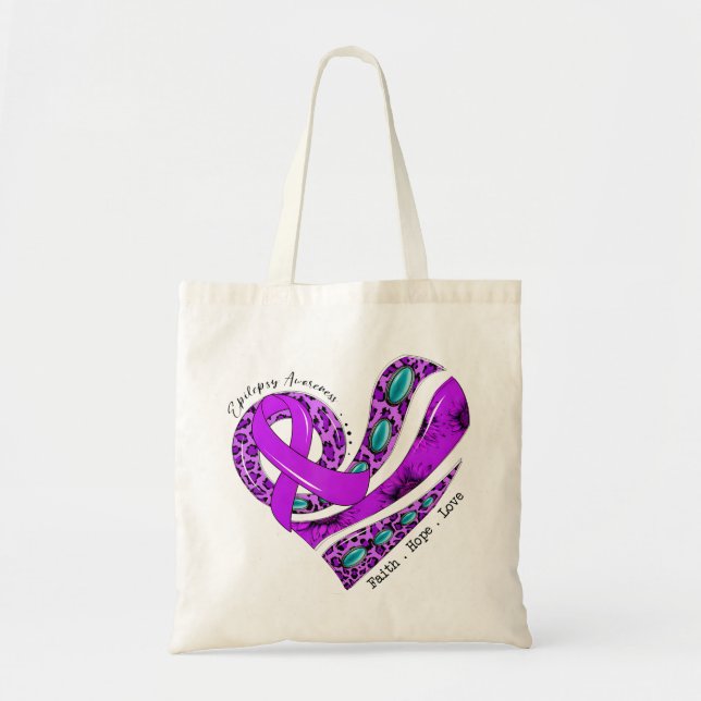 Purple Ribbon Heart Epilepsy Support Tote Bag (Front)