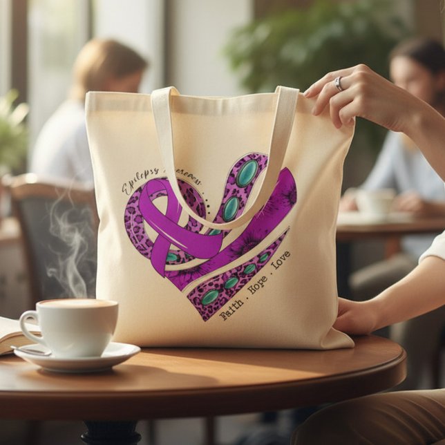 Purple Ribbon Heart Epilepsy Support Tote Bag (Creator Uploaded)