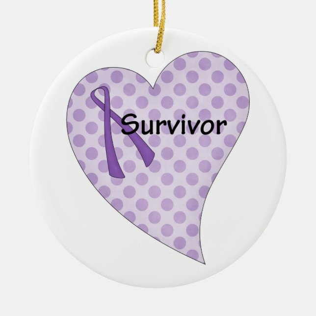 Purple ribbon & heart survivor orament ceramic ornament (Front)
