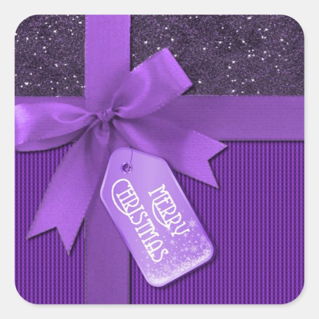 Purple Ribbon Merry Christmas Gift Square Sticker (Front)