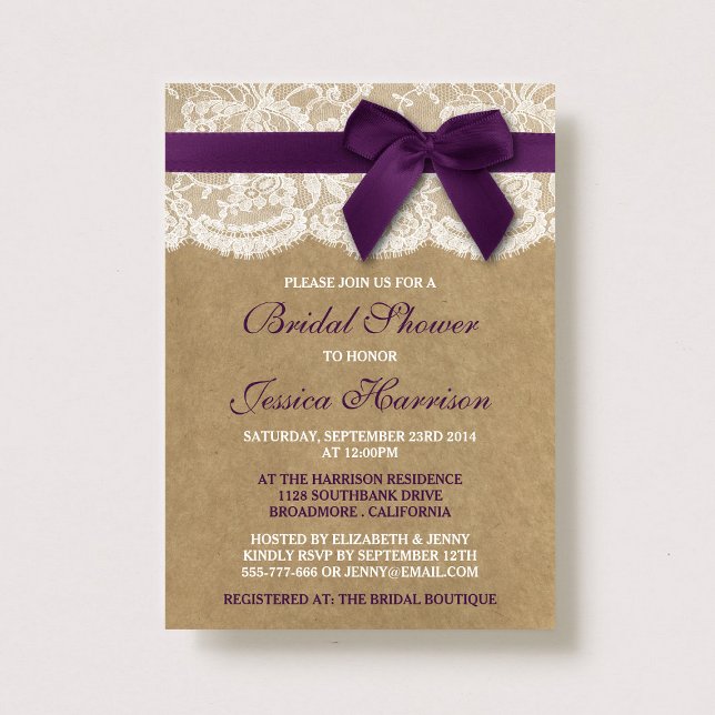 Purple Ribbon On Kraft & Lace Bridal Shower Invitation (Creator Uploaded)