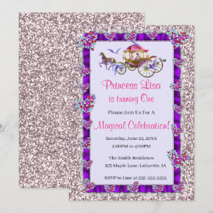 Purple Ribbon Pink Glitter Royal Princess Birthday Invitation