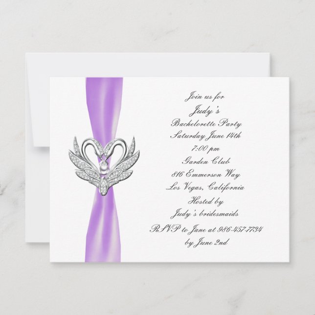 Purple Ribbon Silver Swans Bachelorette Party Invitation (Front)