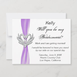Purple Ribbon Silver Swans Bridesmaid Card